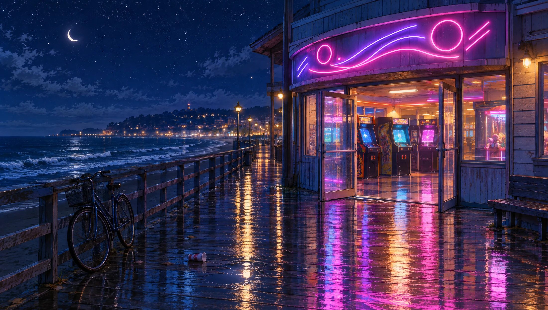 The glowing arcade on a quiet moonlit boardwalk