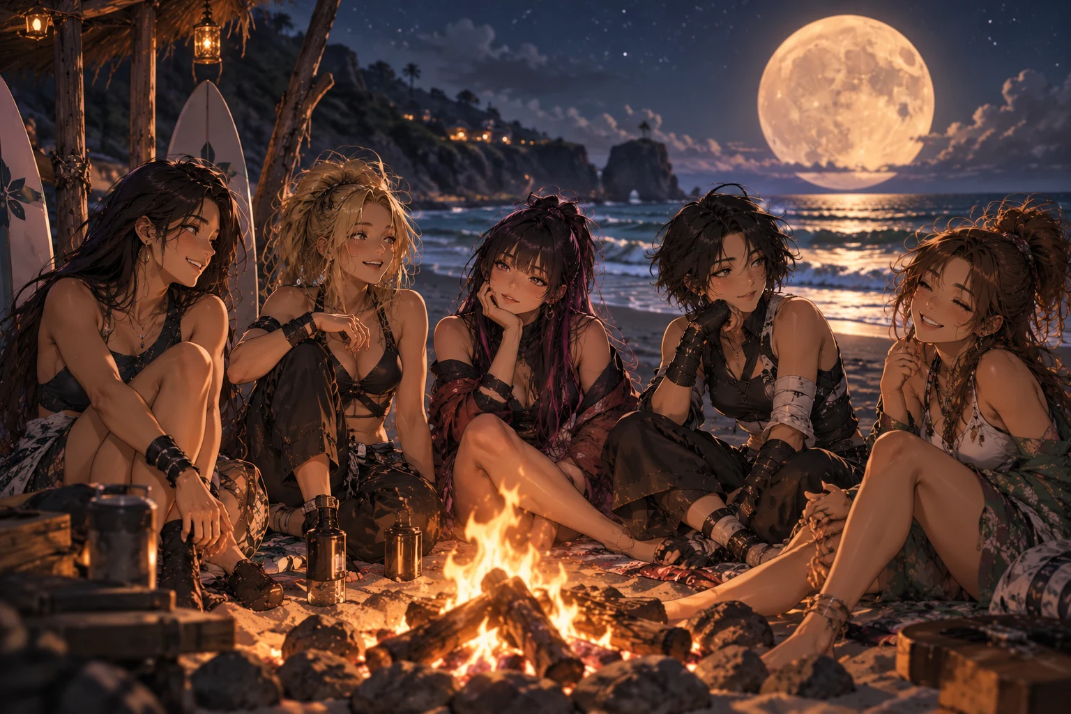 A moonlit campfire shared by the five girls