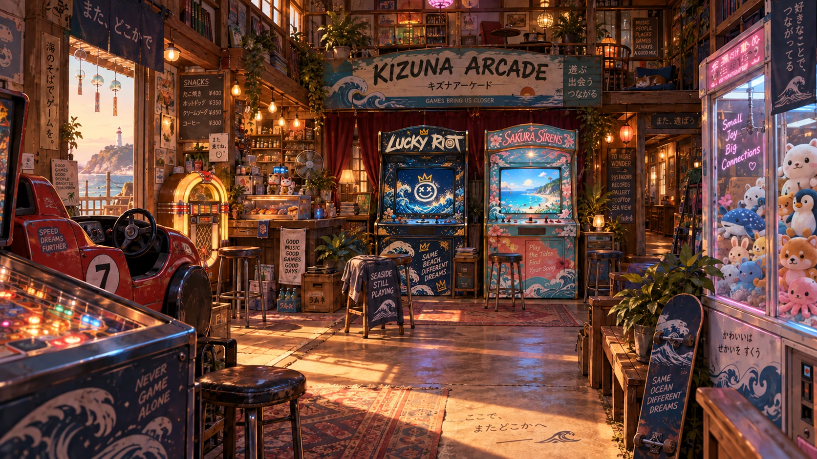 A seaside arcade with two world cabinets, a racing cockpit, pinball and plush prizes