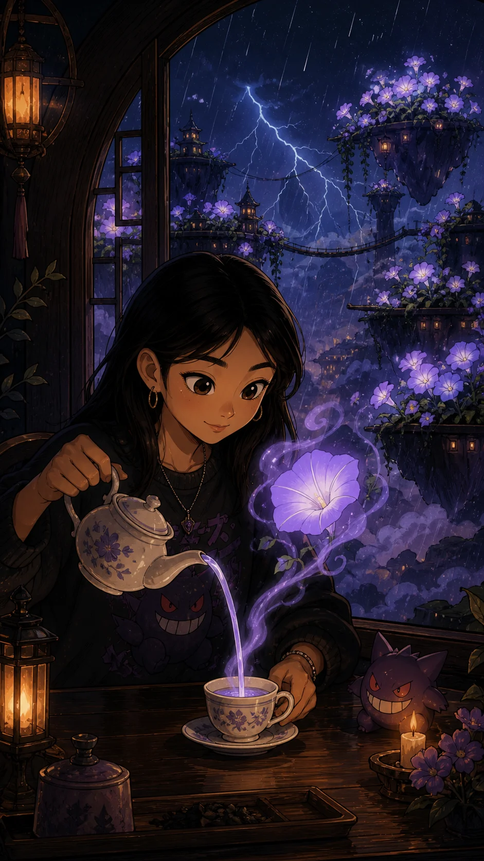Mina pouring moonflower tea in a fantastical garden