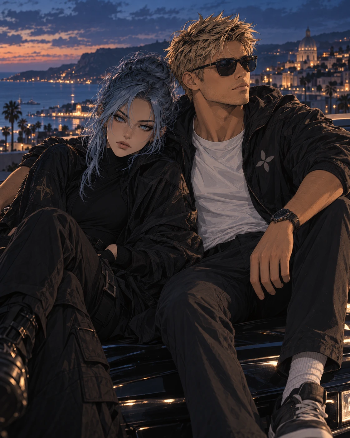 JT and Vesper seated together above the waterfront at dusk