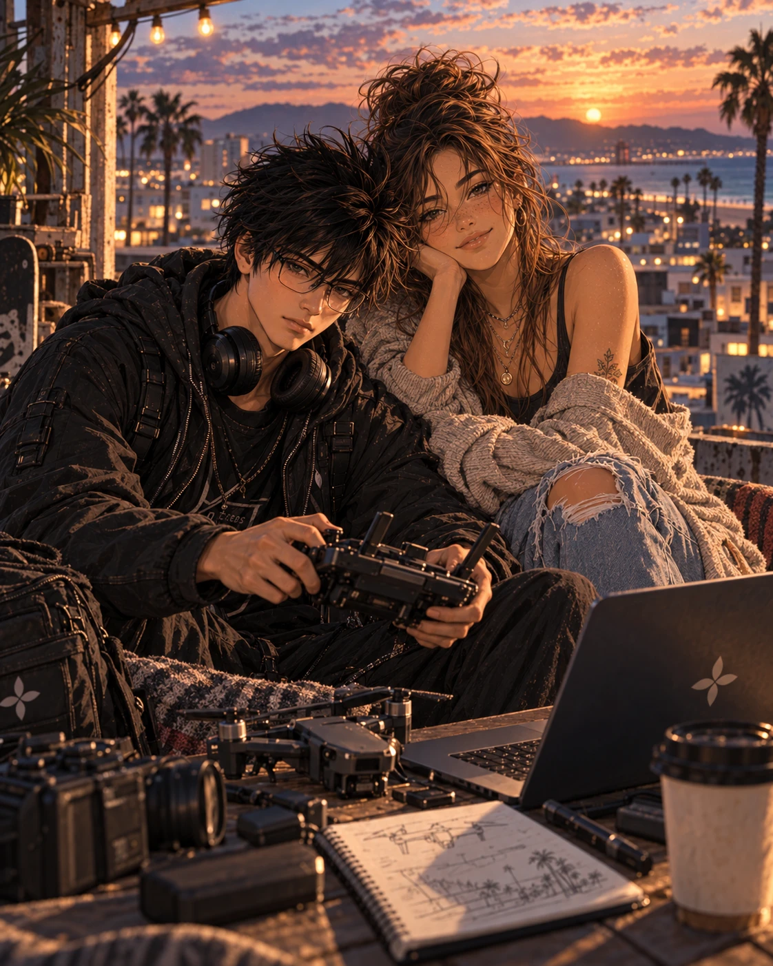 Riku and Tess together on a rooftop with a drone and laptop at sunset