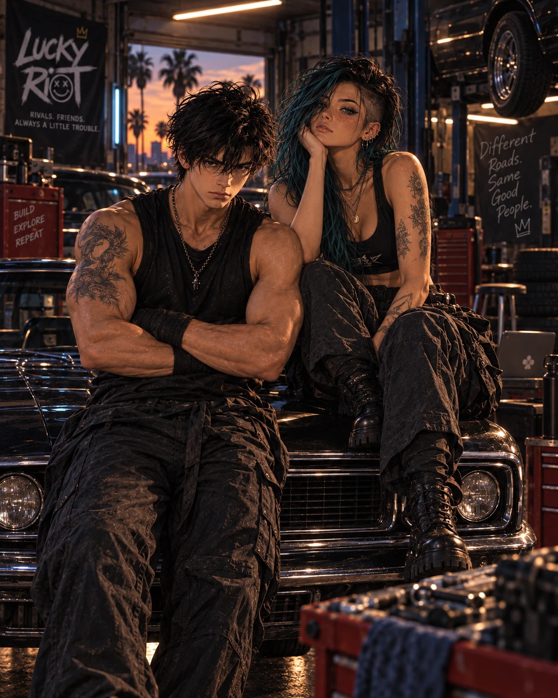 Zero and Rey sitting on a car in the garage