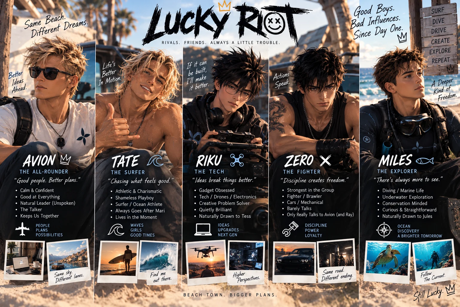 Avion, Tate, Riku, Zero and Miles of Lucky Riot